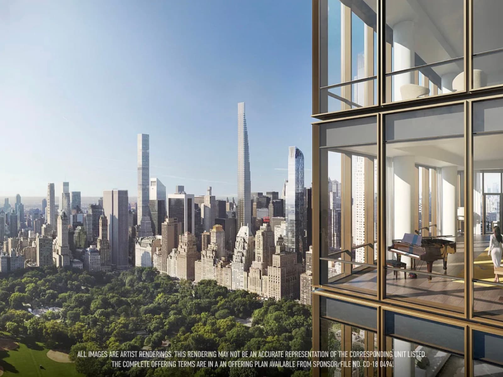 50 West 66th Street — a residence interior behind the bronze-framed curtain wall, looking south and east across Central Park to the Billionaires' Row towers on West 57th Street