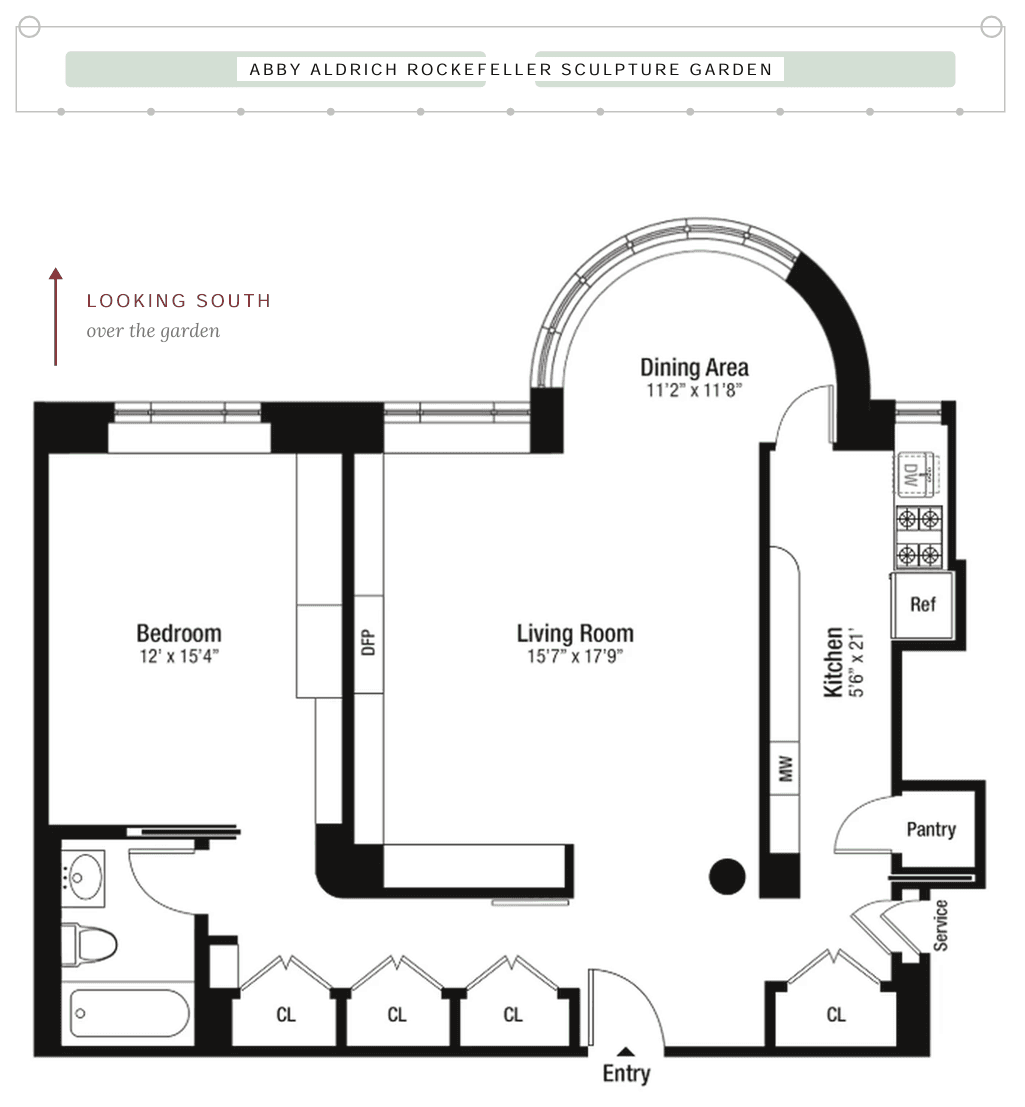 Floor plan — South-facing one-bedroom over MoMA's sculpture garden · The Rockefeller Apartments