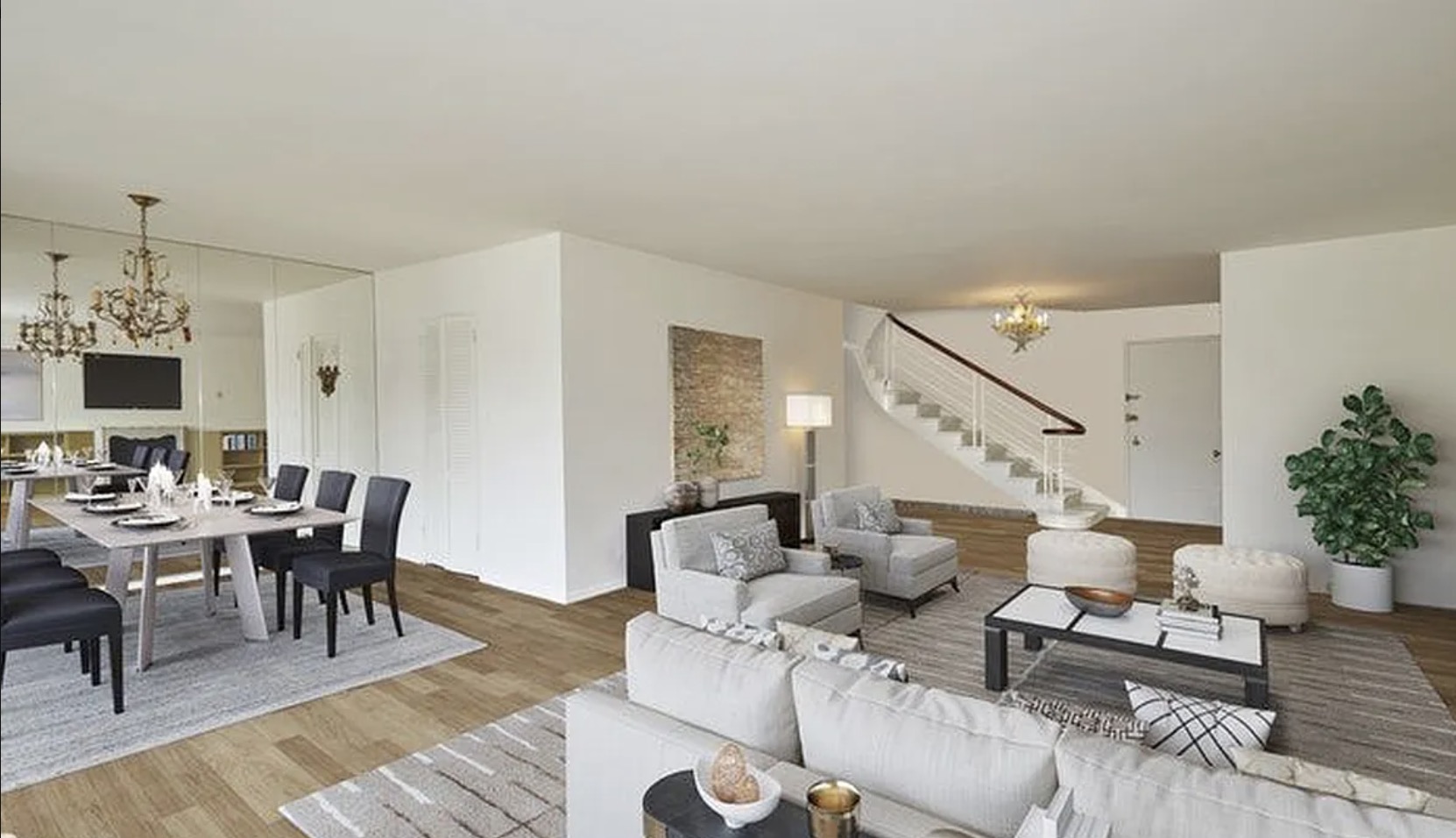 8 East 83rd #9/10D — the duplex living-and-dining with the staircase to the upper level