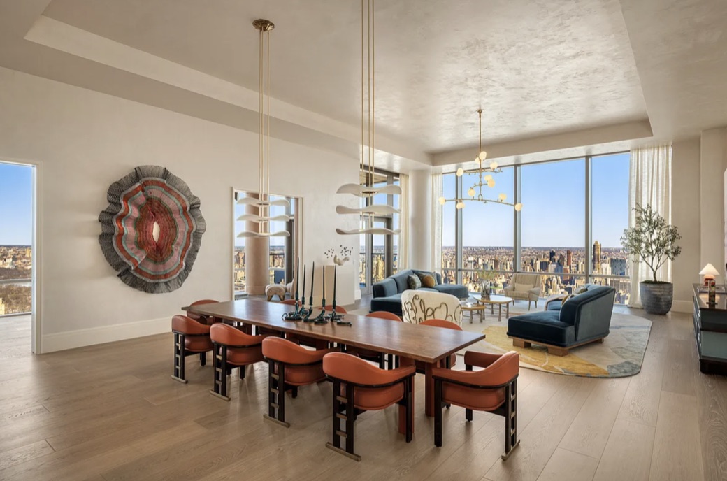 A high-floor residence at 50 West 66th Street, with floor-to-ceiling glass over the Manhattan skyline