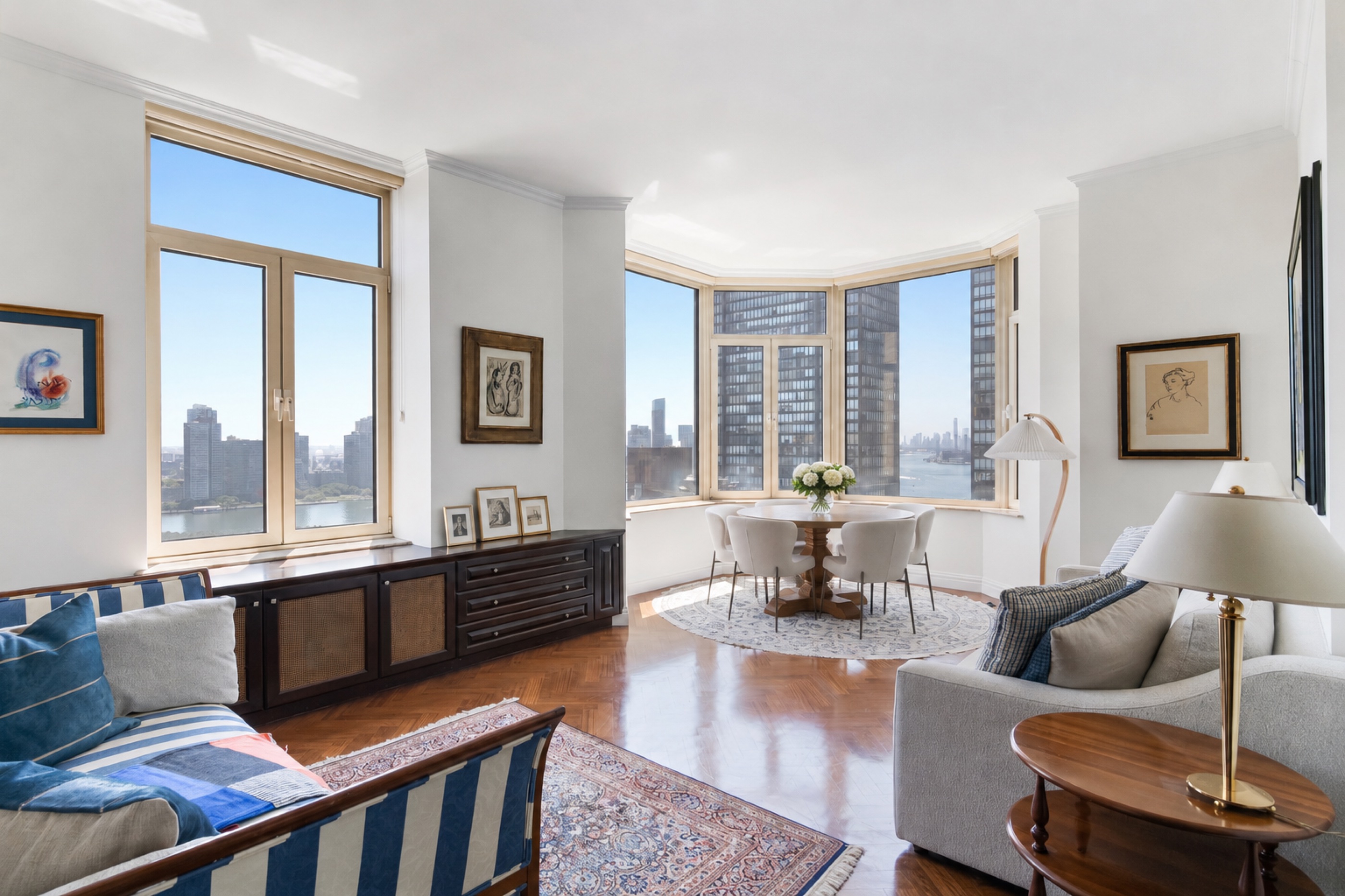 Residence 21C, the living room prepared for sale, with the bay window over the East River